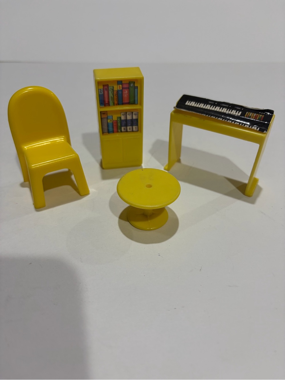 Vintage Miniature Dollhouse Furniture 4 Pc Yellow Chair Table Piano Bookshelf